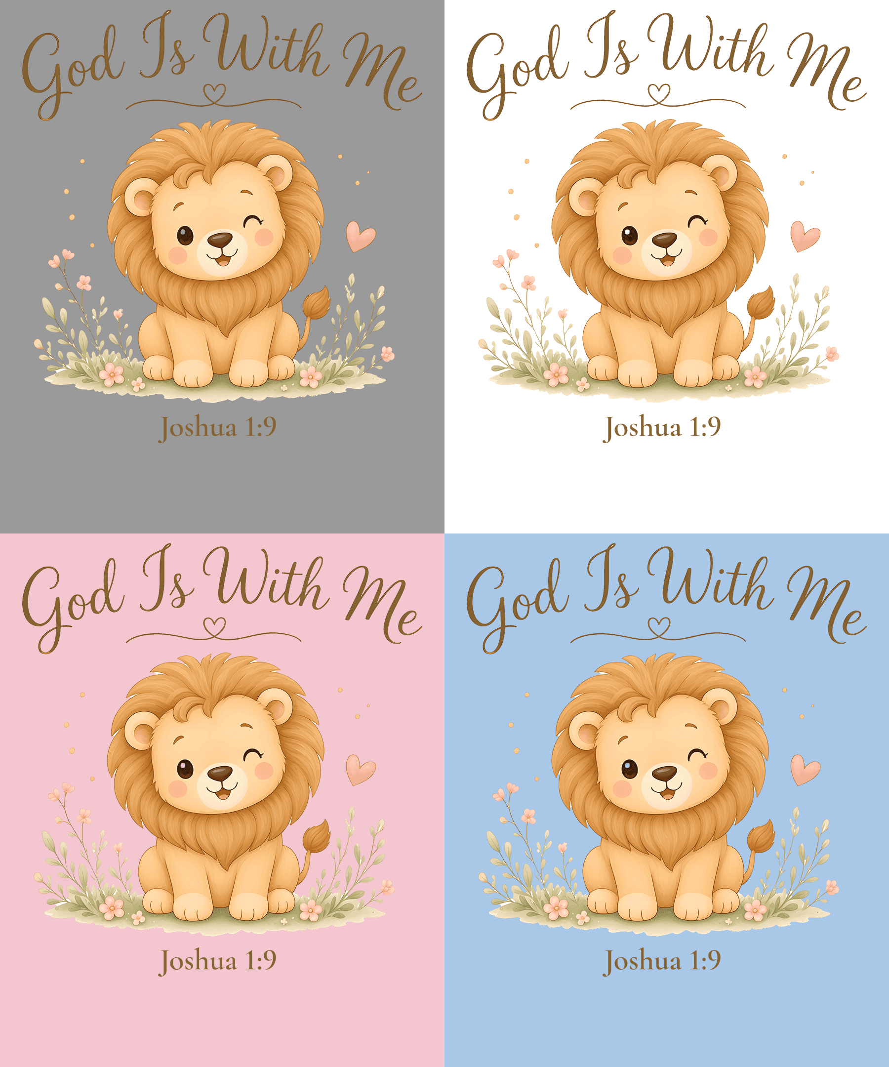 Design preview of a children's tee with a lion and the words God Is With Me, Joshua 1:9