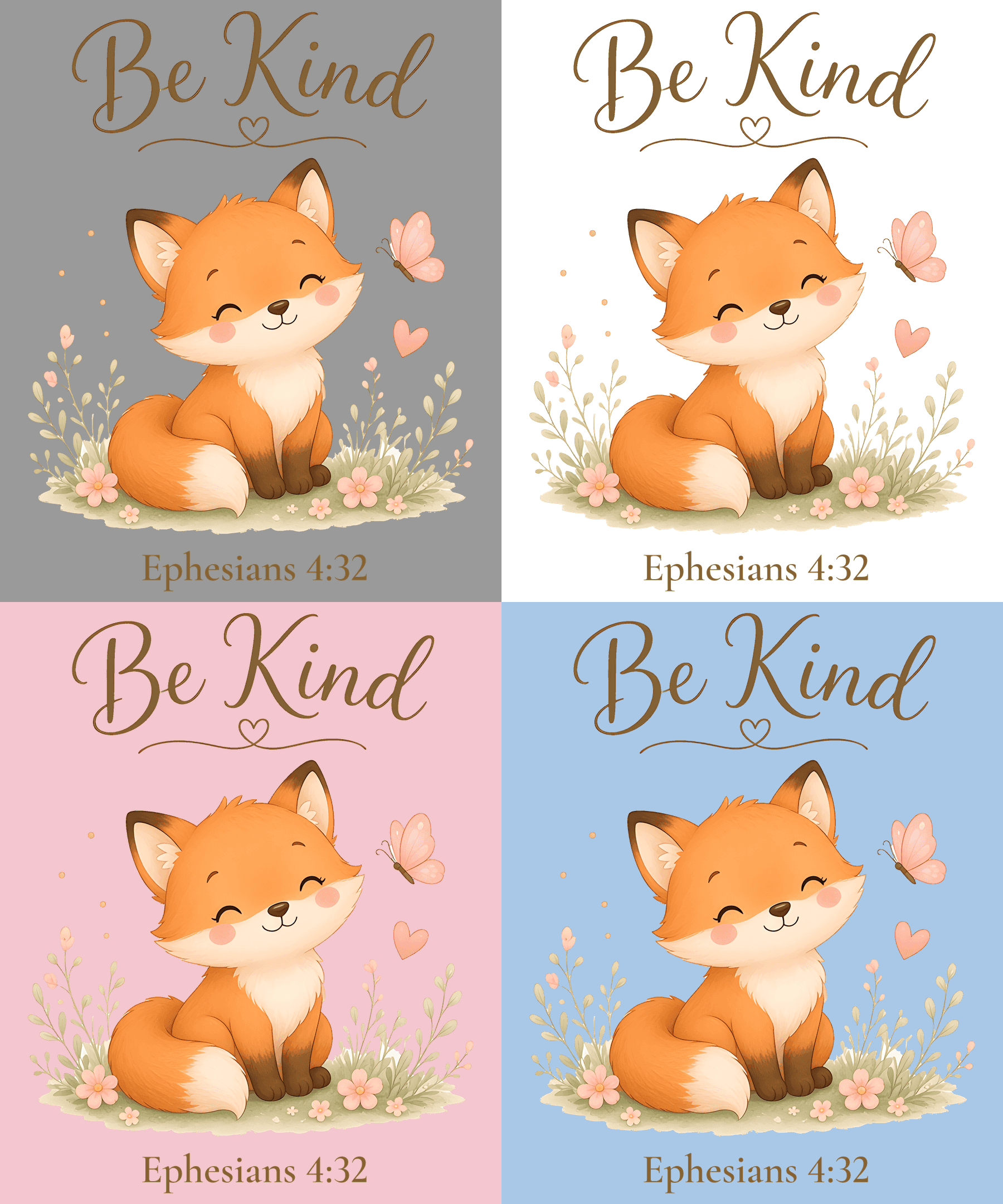 Design preview of a children's tee with a fox and the words Be Kind, Ephesians 4:32