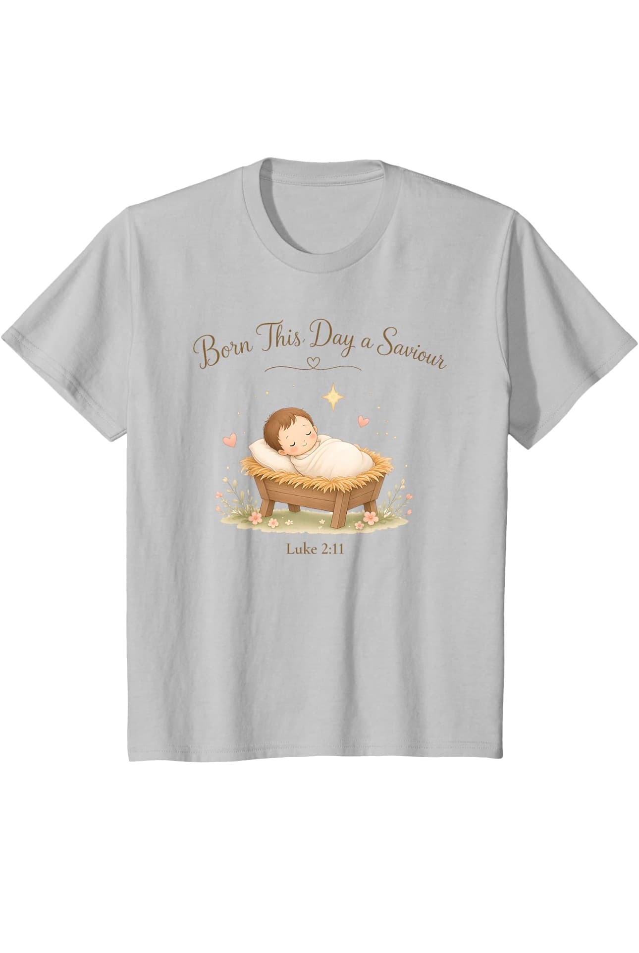 Heather grey children's tee with baby Jesus sleeping in a manger under a star and the words Born This Day a Saviour, Luke 2:11
