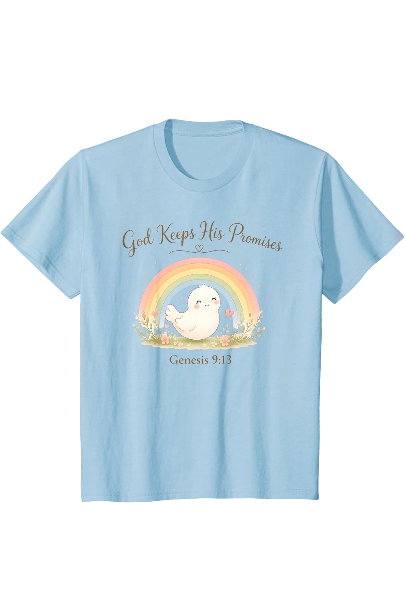 Navy children's tee with a rainbow, a smiling cloud, and the words God Keeps His Promises, Genesis 9:13