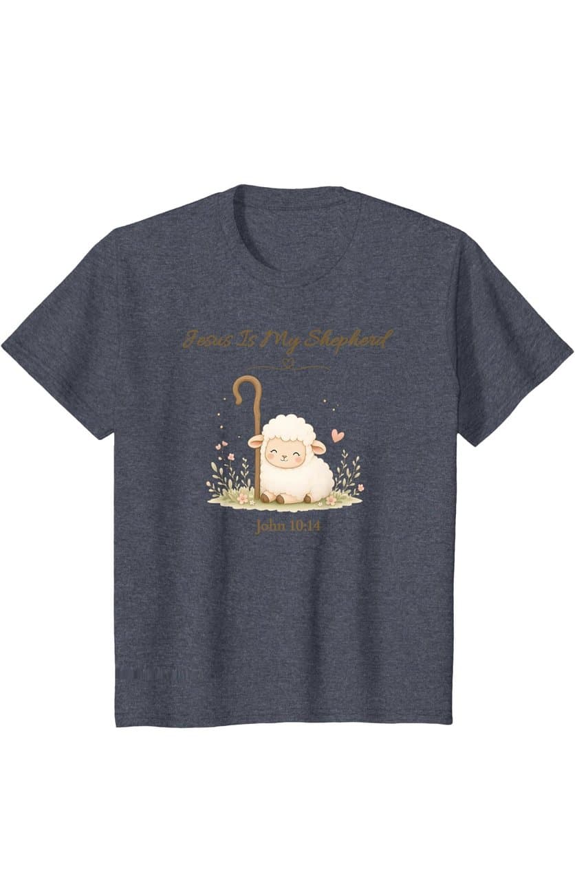 Heather navy children's tee with a smiling lamb resting beside a shepherd's crook among flowers and the words Jesus Is My Shepherd, John 10:14