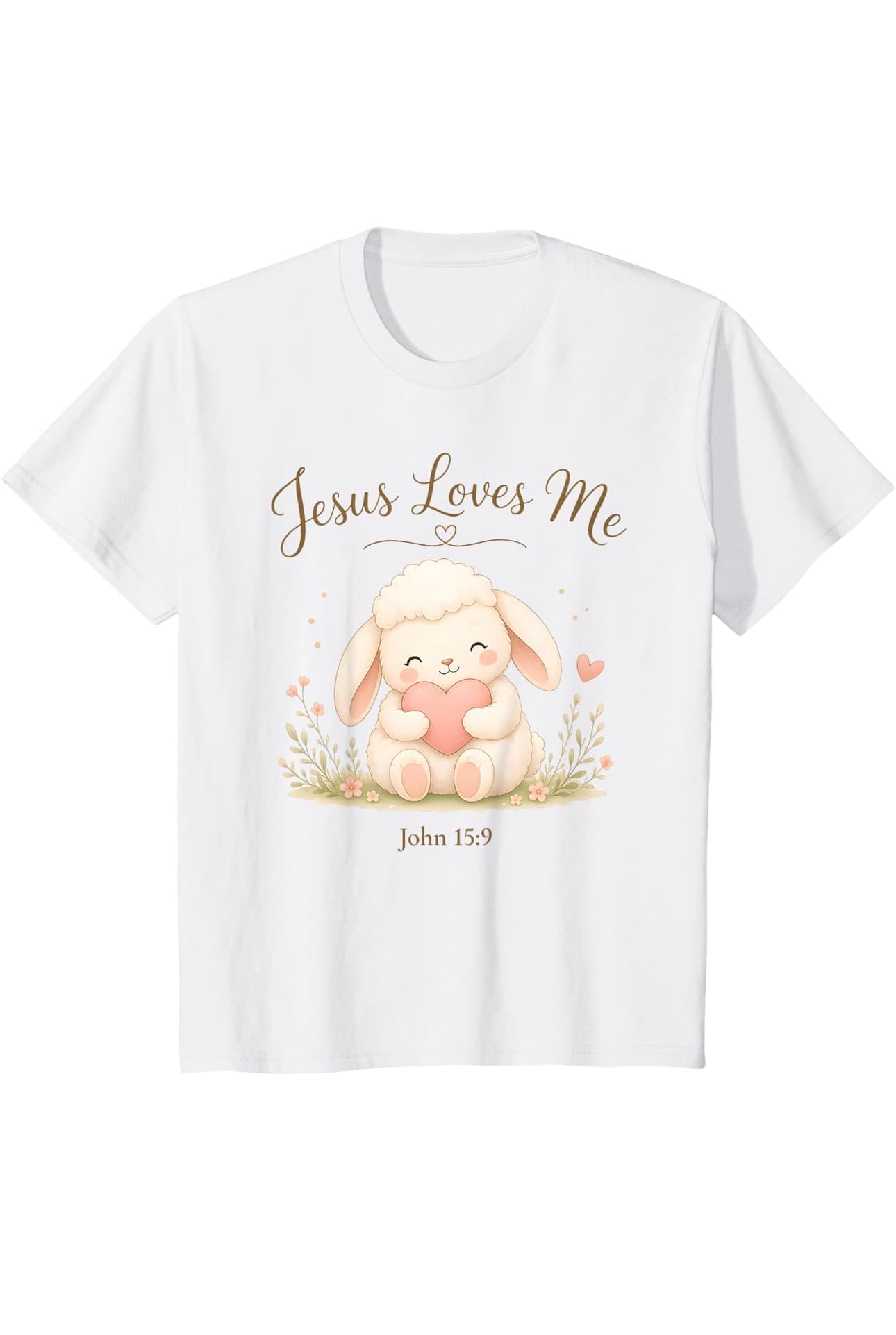 White children's tee with a smiling lamb hugging a pink heart and the words Jesus Loves Me, John 15:9