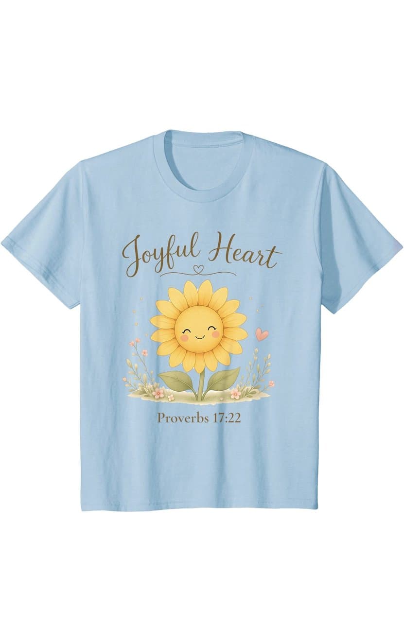 Light blue children's tee with a smiling sunflower among little flowers and the words Joyful Heart, Proverbs 17:22