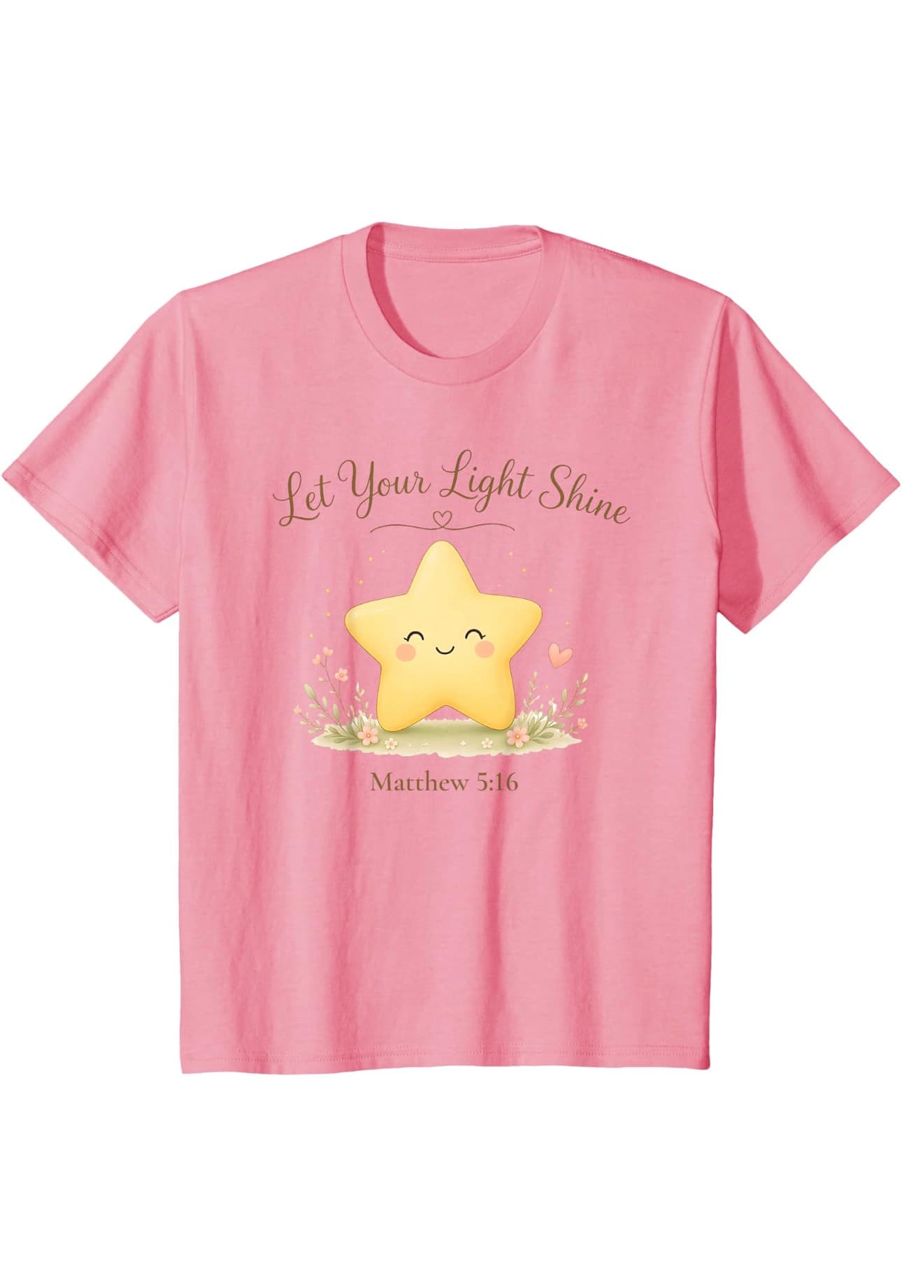 Pink children's tee with a smiling star and the words Let Your Light Shine, Matthew 5:16