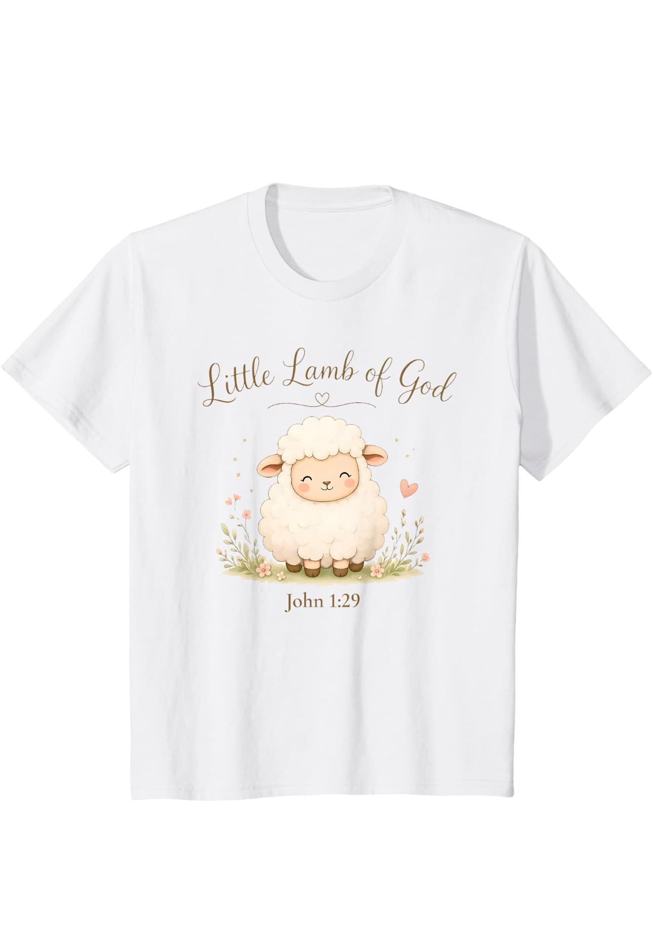 White children's tee with a smiling lamb and the words Little Lamb of God, John 1:29