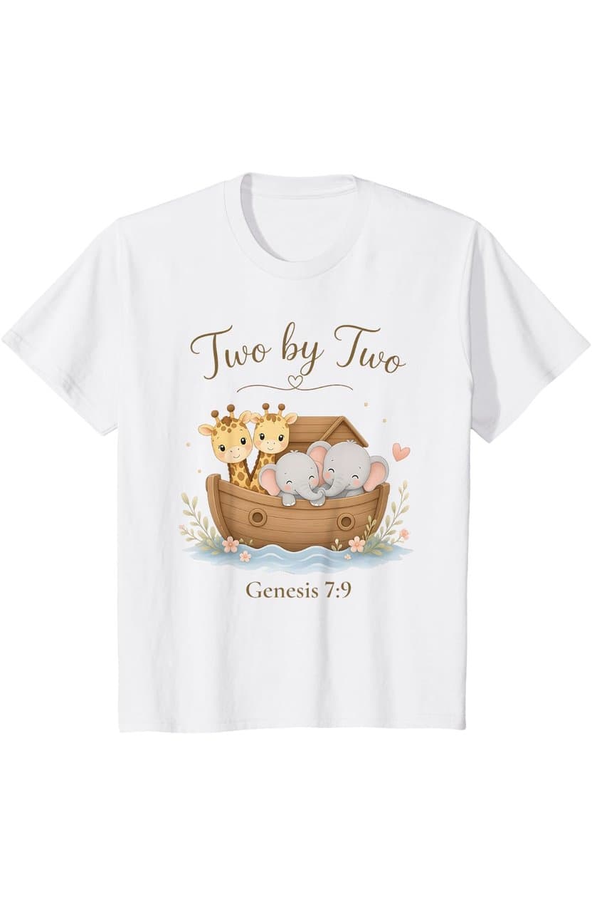 White children's tee with two smiling giraffes and two smiling elephants in Noah's ark on the water and the words Two by Two, Genesis 7:9